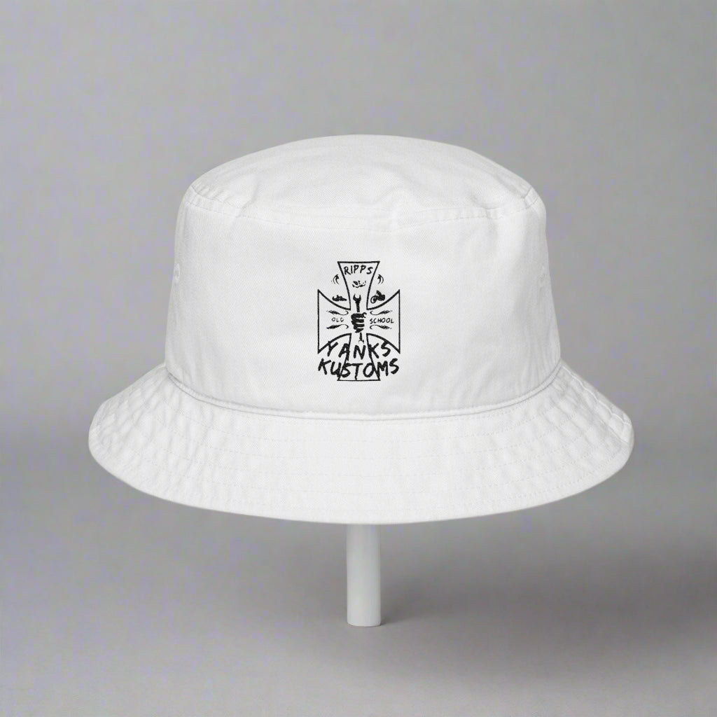 White trendy embroidered bucket hat with vintage design and breathable cotton twill fabric for summer outdoor wear.