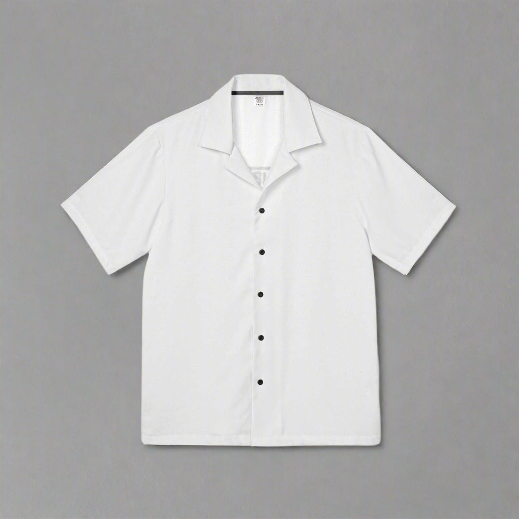 Men's Hawaiian camp shirt in white with classic button front and lightweight breathable fabric