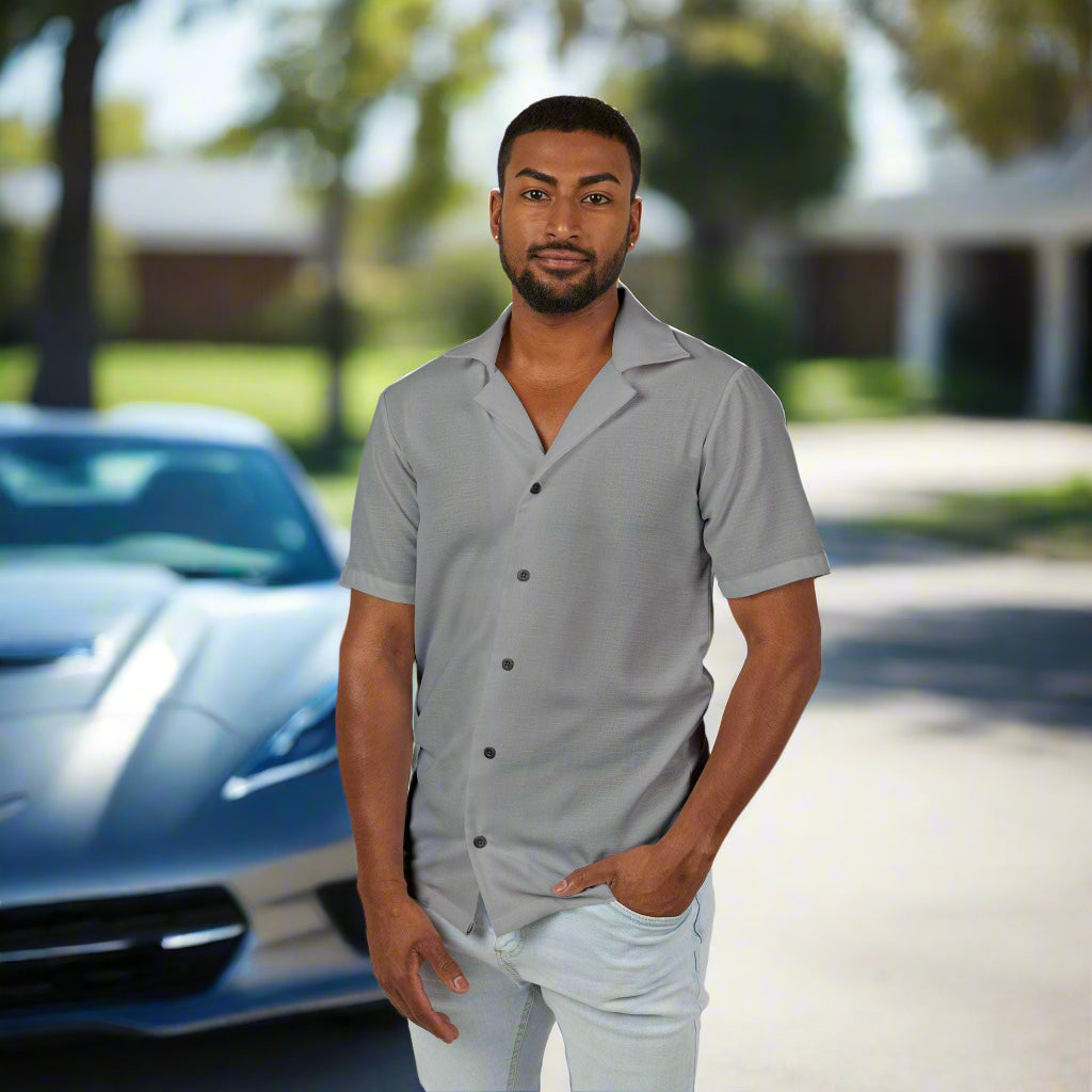 Men's Hawaiian camp shirt in solid gray with short sleeves