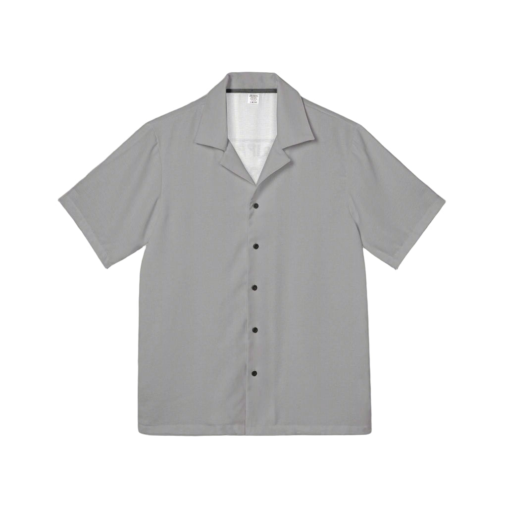 Men's Hawaiian camp shirt in solid gray with short sleeves and button front, lightweight breathable fabric for summer wear