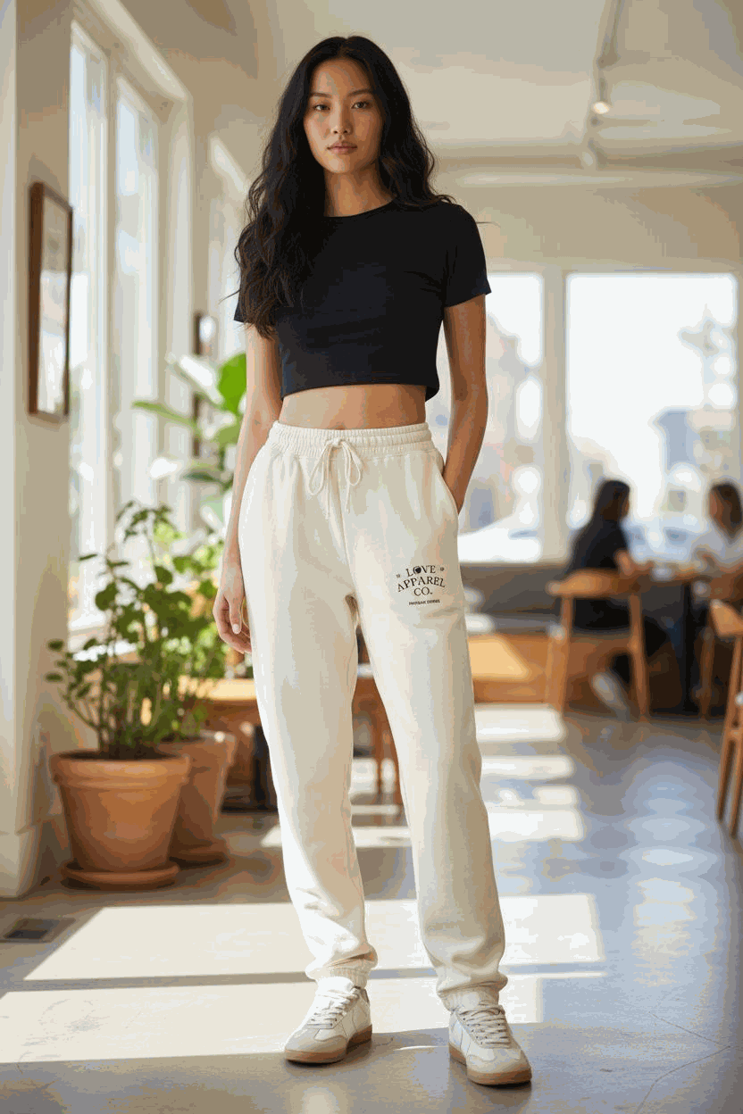 Woman wearing cozy garment-dyed fleece sweatpants with relaxed fit and casual comfort in a bright indoor setting