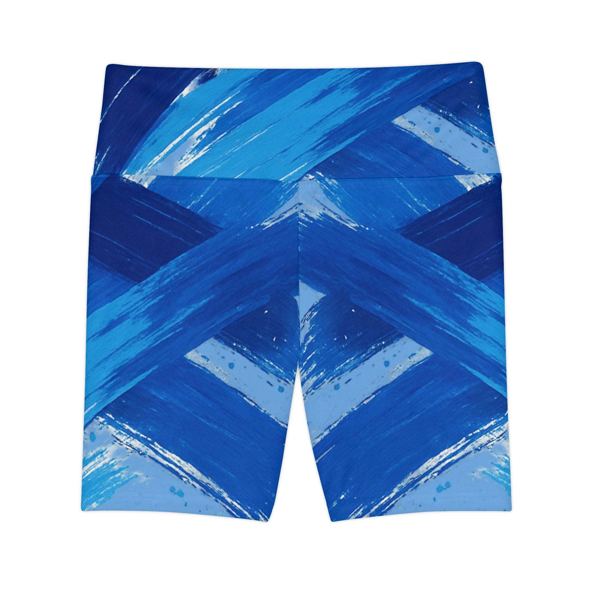 Blue abstract patterned women's workout shorts for fitness and exercise