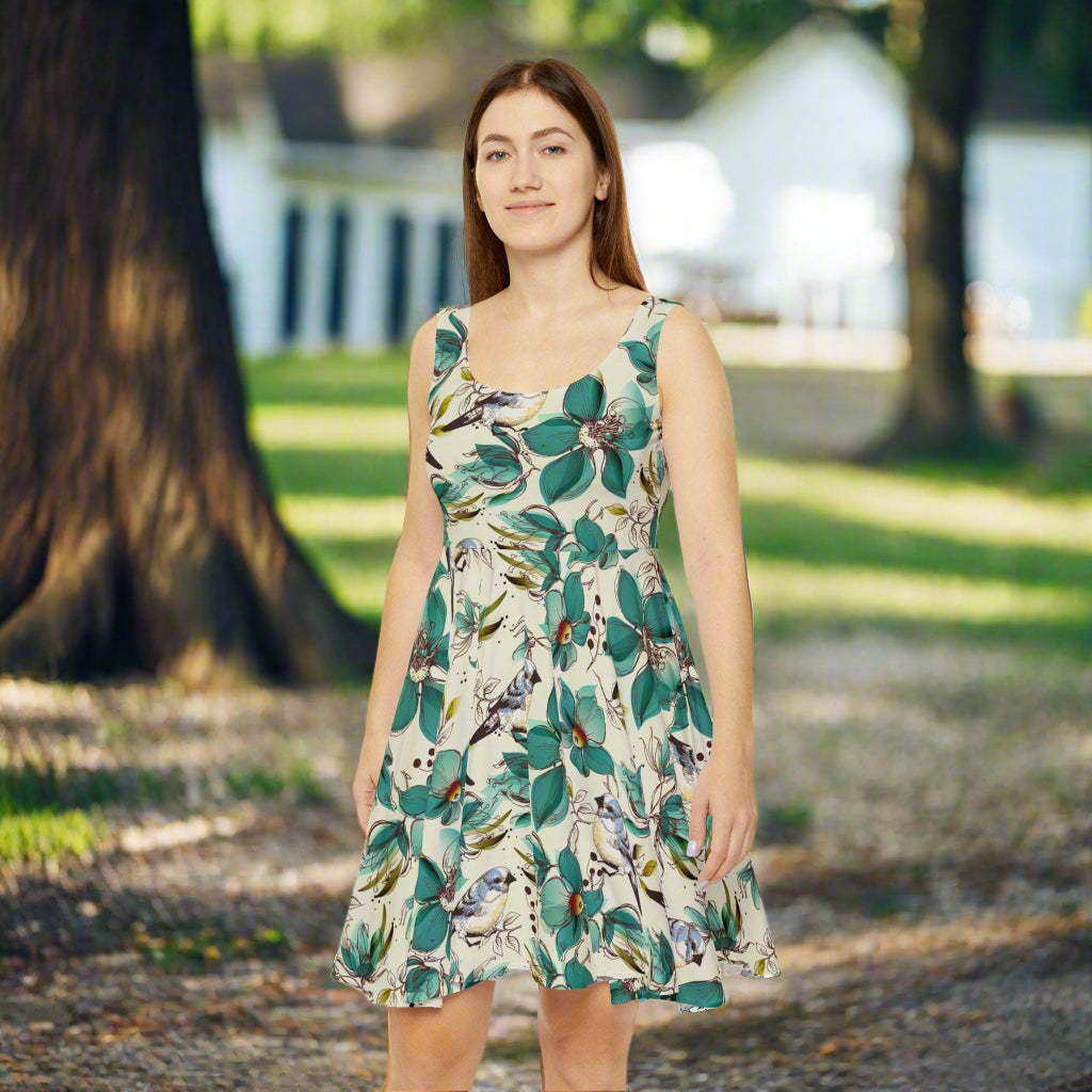 Women's Skater Dress with green and teal floral print, scoop neckline, sleeveless lightweight summer dress