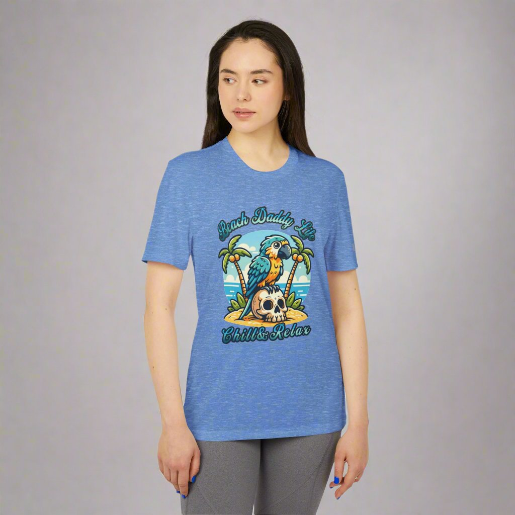 Adidas Unisex Sport T-shirt, eco-friendly recycled polyester, moisture-wicking, blue color, bold graphic design, Adidas logo on left sleeve.