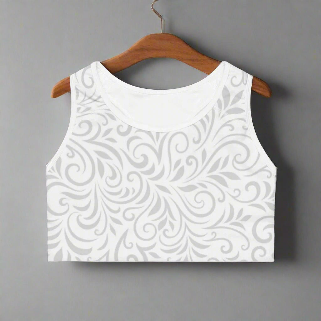 Elegant floral sports bra with grey swirl pattern, moisture-wicking activewear for fitness and yoga