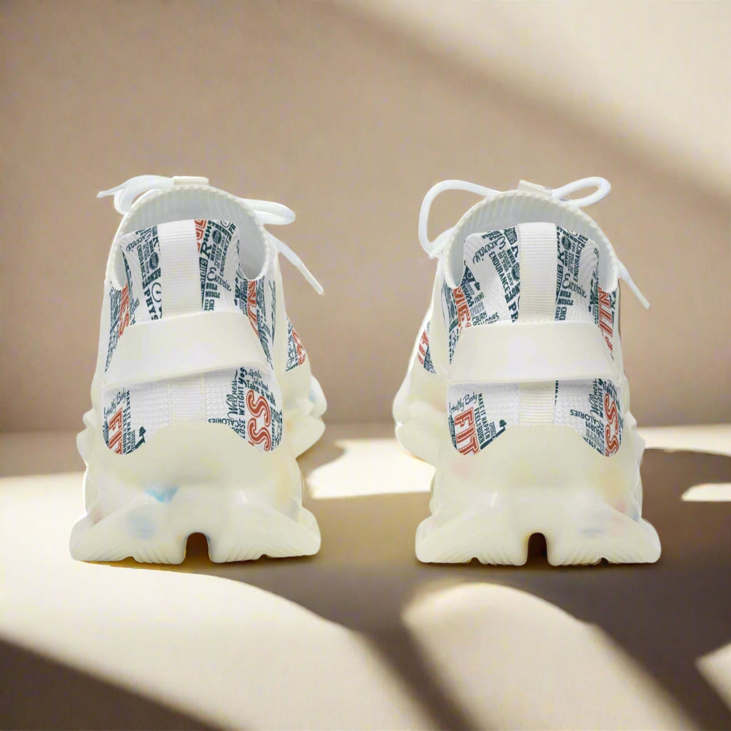 White mesh sneakers with multicolor graphic print, lightweight EVA sole, and lace-up design for men
