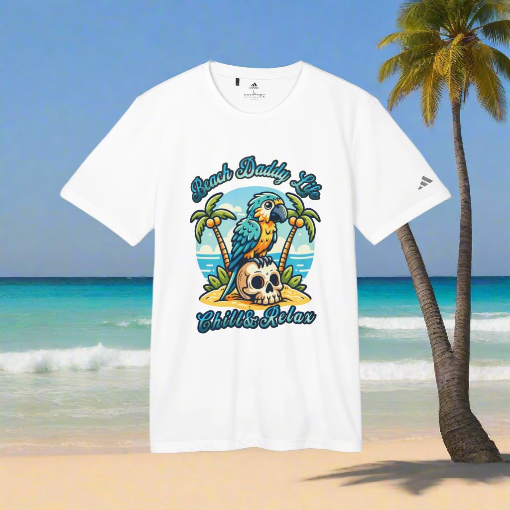 Adidas Unisex Sport T-shirt with beach and parrot design, eco-friendly, moisture-wicking, UV protection, Adidas logo on sleeve.