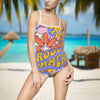 Groovy Summer Women's one-piece swimsuit with retro floral print and bright colors, featuring a chic cut-out back and elastic support.