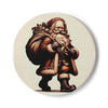 Round Santa Ceramic Coaster with vintage Santa Claus carrying a sack of gifts on white background