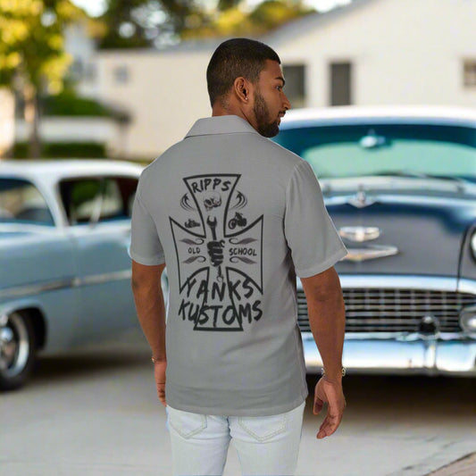 Men's Hawaiian Camp Shirt gray with bold black RIPS graphic on back, short sleeves, worn by man