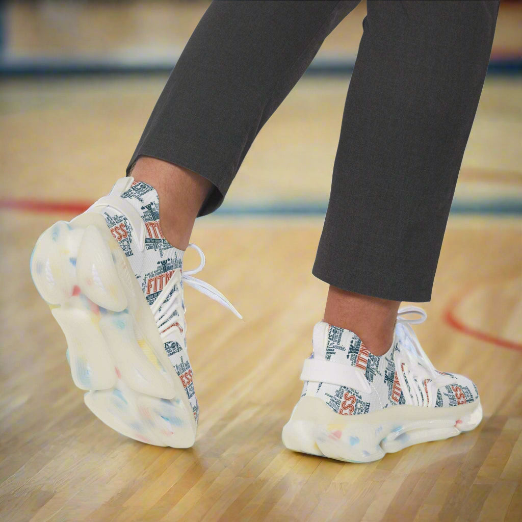 White mesh sneakers with multicolor graphic print, lightweight EVA sole, and lace-up design for men