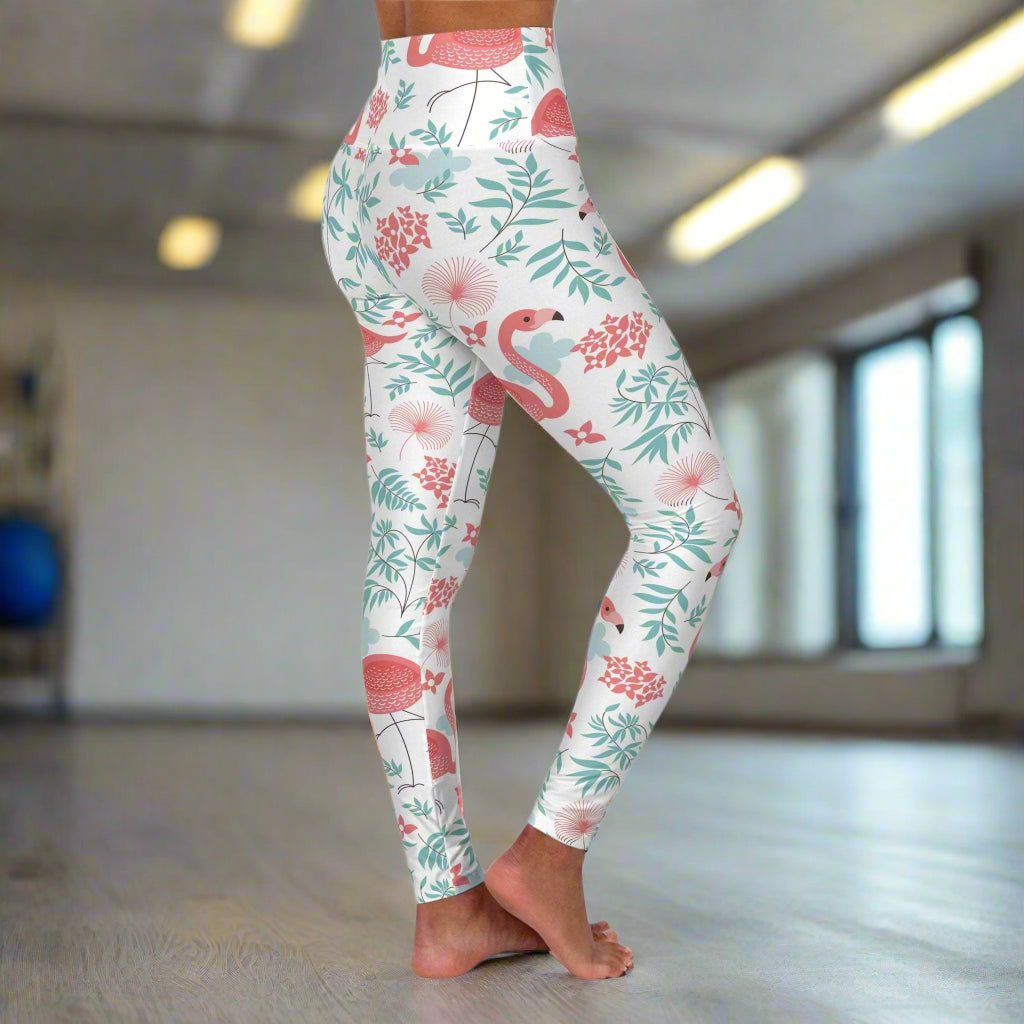 High Waisted Yoga Leggings - Vibrant Tropical Print for Active Wear