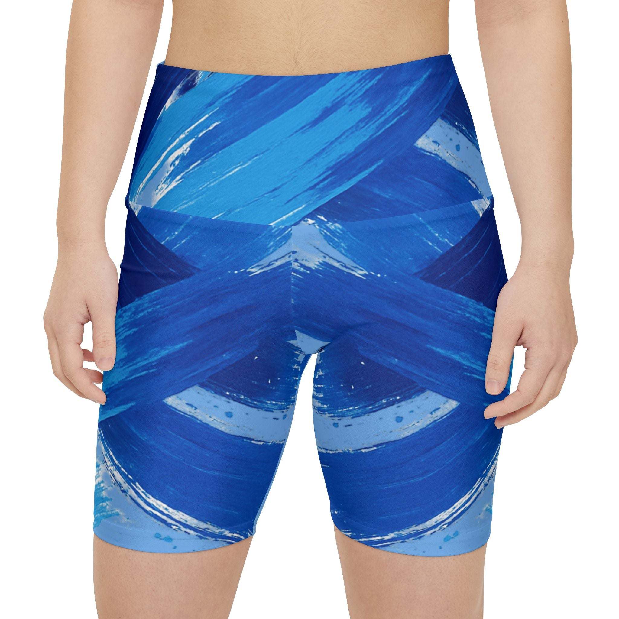 Women's workout shorts in vibrant blue abstract brushstroke design for fitness and casual wear