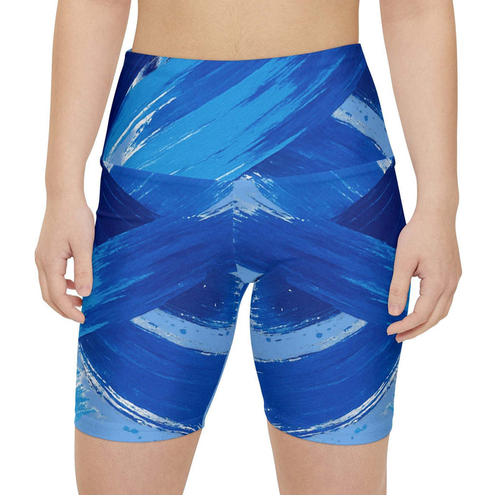 Women's workout shorts in vibrant blue abstract brushstroke design for fitness and casual wear