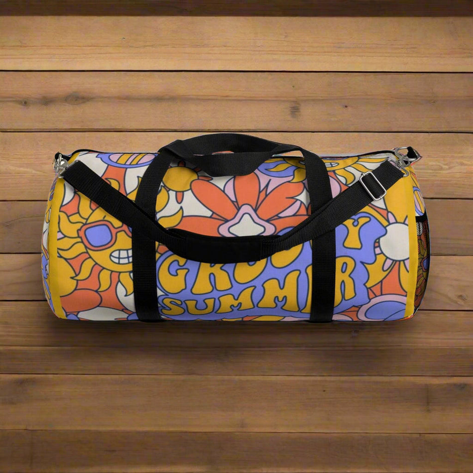 Custom-printed duffel bag with vibrant summer-themed design, adjustable black strap, and durable polyester Oxford canvas material.