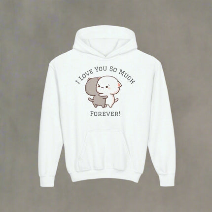 Youth white Gilden hoodie with cute hugging cat graphic and 