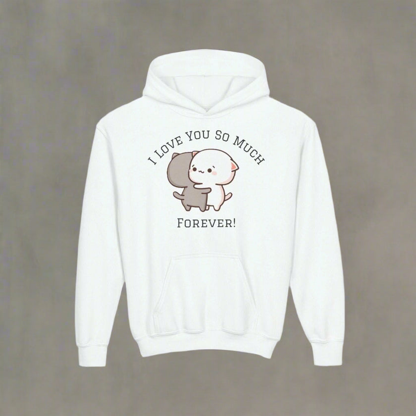 Youth white Gilden hoodie with cute hugging cat graphic and 
