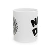 White Sunrise Ceramic Mug with black sun illustration and motivational text for morning coffee lovers