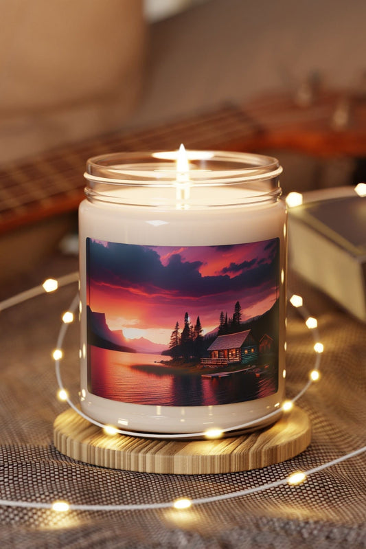 Sunset Lake House Candle with serene lakeside imagery and warm glow.