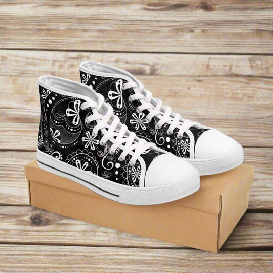 Black and white floral patterned high top sneakers with white laces and rubber sole, stylish women's casual footwear