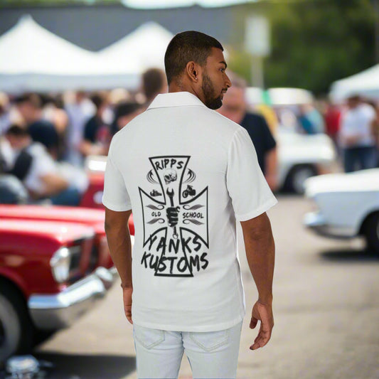 Men's white Hawaiian camp shirt with black retro graphic design on back, short sleeves, casual summer style