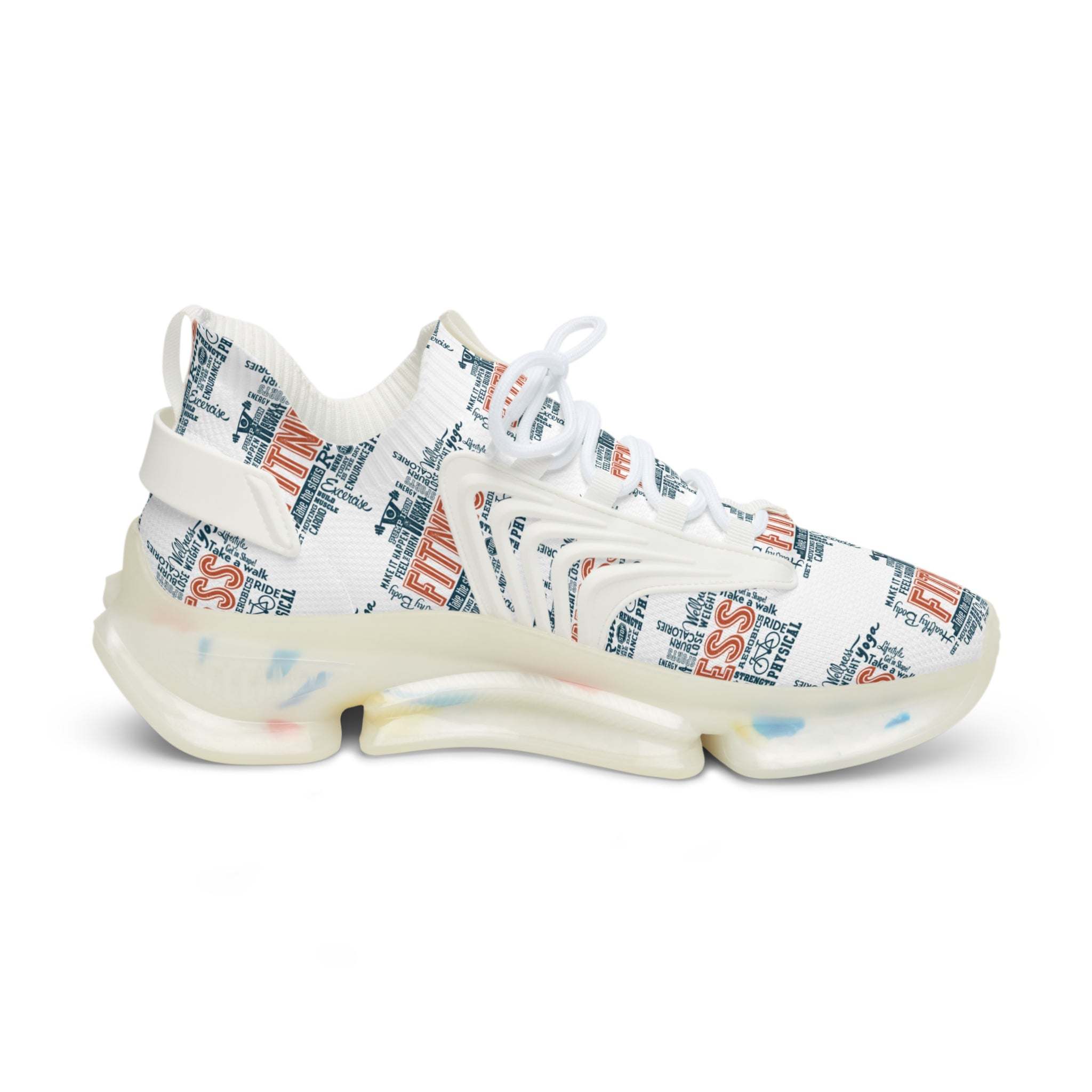 White mesh sneakers with multicolor graphic print, lightweight EVA sole, and lace-up design for men