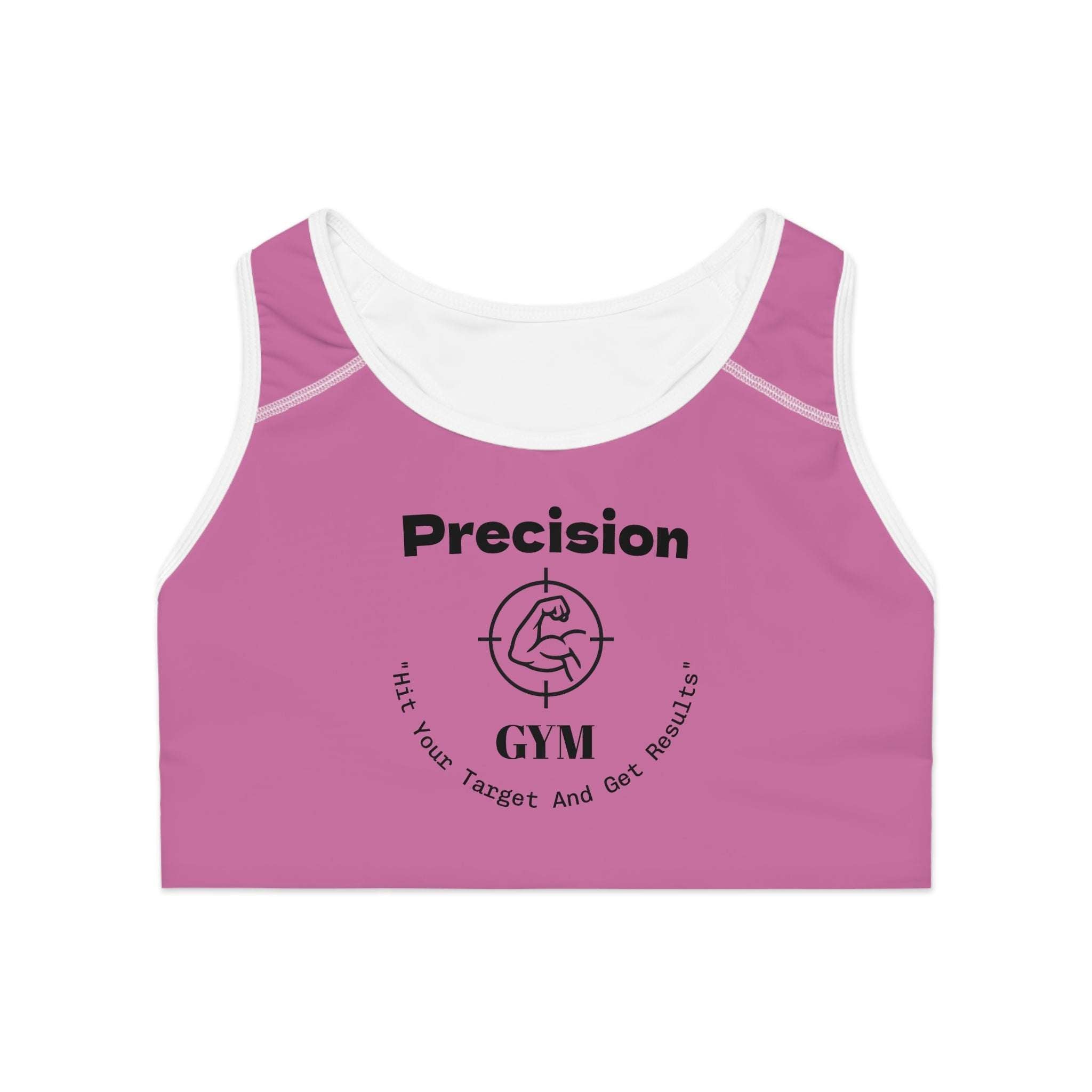 Precision Gym Sports Bra pink workout top with logo and target design, supportive activewear for fitness and exercise