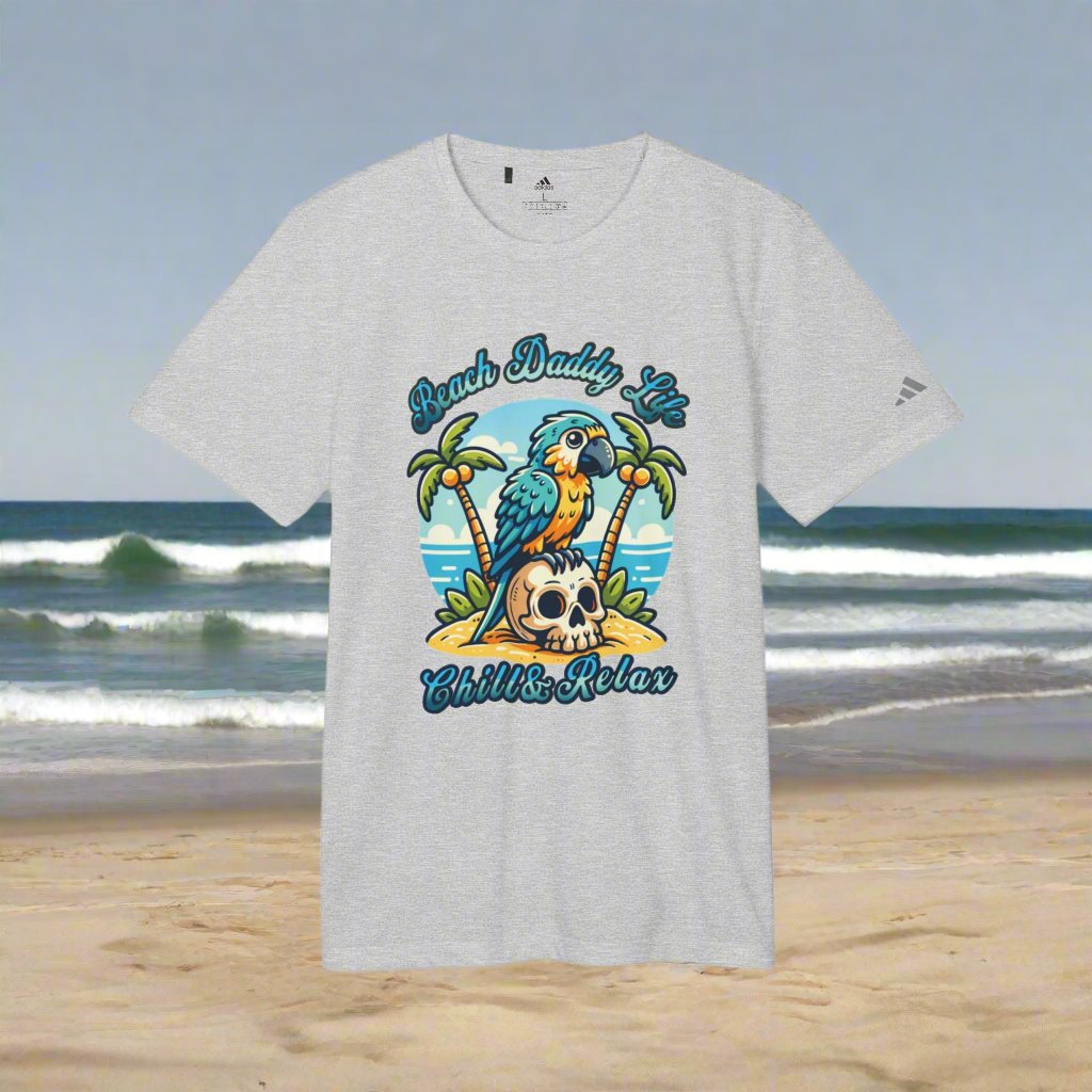 Adidas Unisex Sport T-shirt with beach design, eco-friendly 100% recycled polyester, moisture-wicking, UPF 50+.