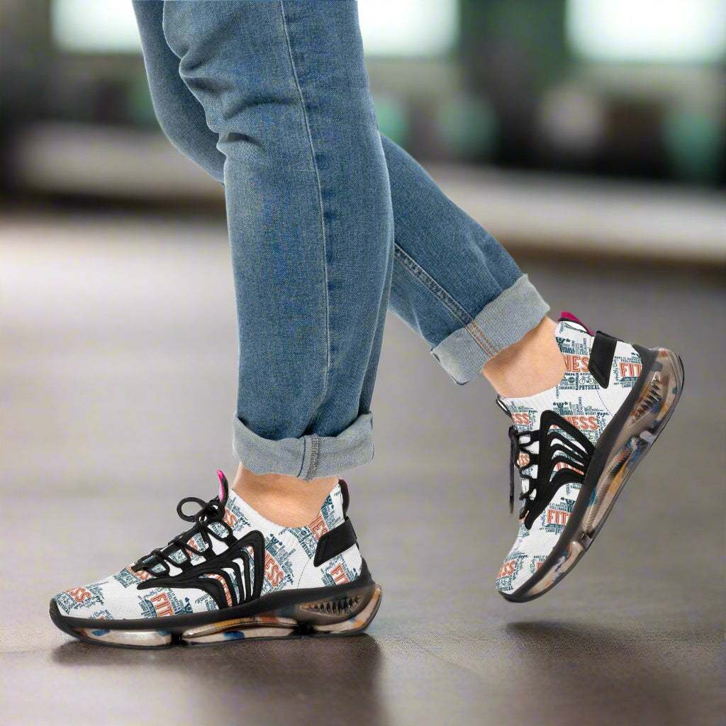 White mesh sneakers with multicolor graphic print, lightweight EVA sole, and lace-up design for men