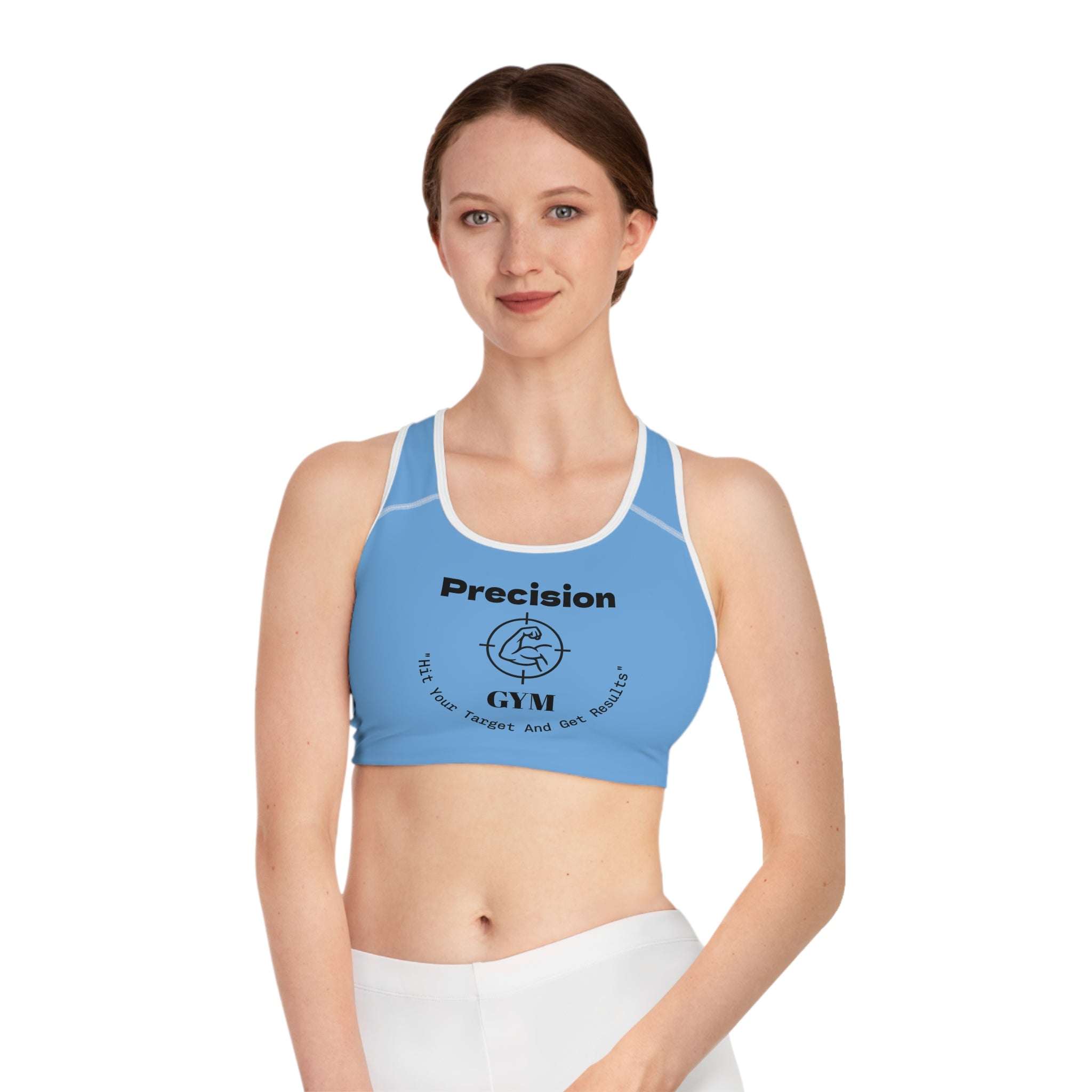 woman wearing blue Precision Gym Sports Bra workout activewear fitness top