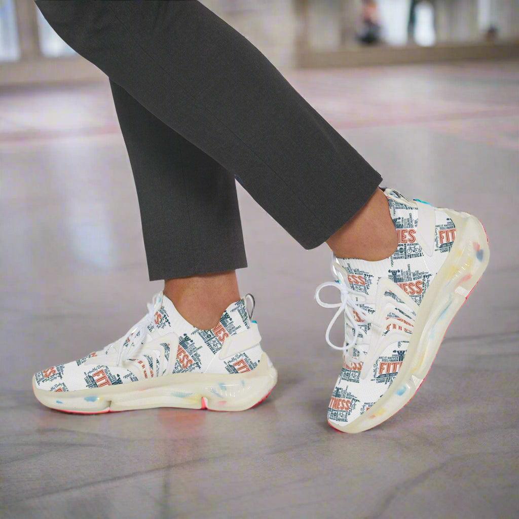 White mesh sneakers with multicolor graphic print, lightweight EVA sole, and lace-up design for men