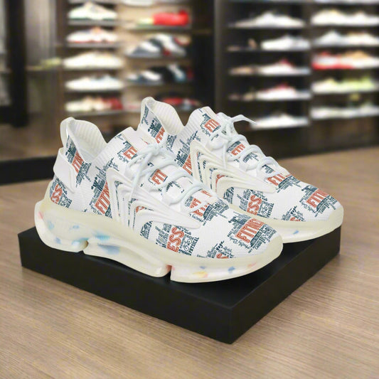 White mesh sneakers with multicolor graphic print, lightweight EVA sole, and lace-up design for men