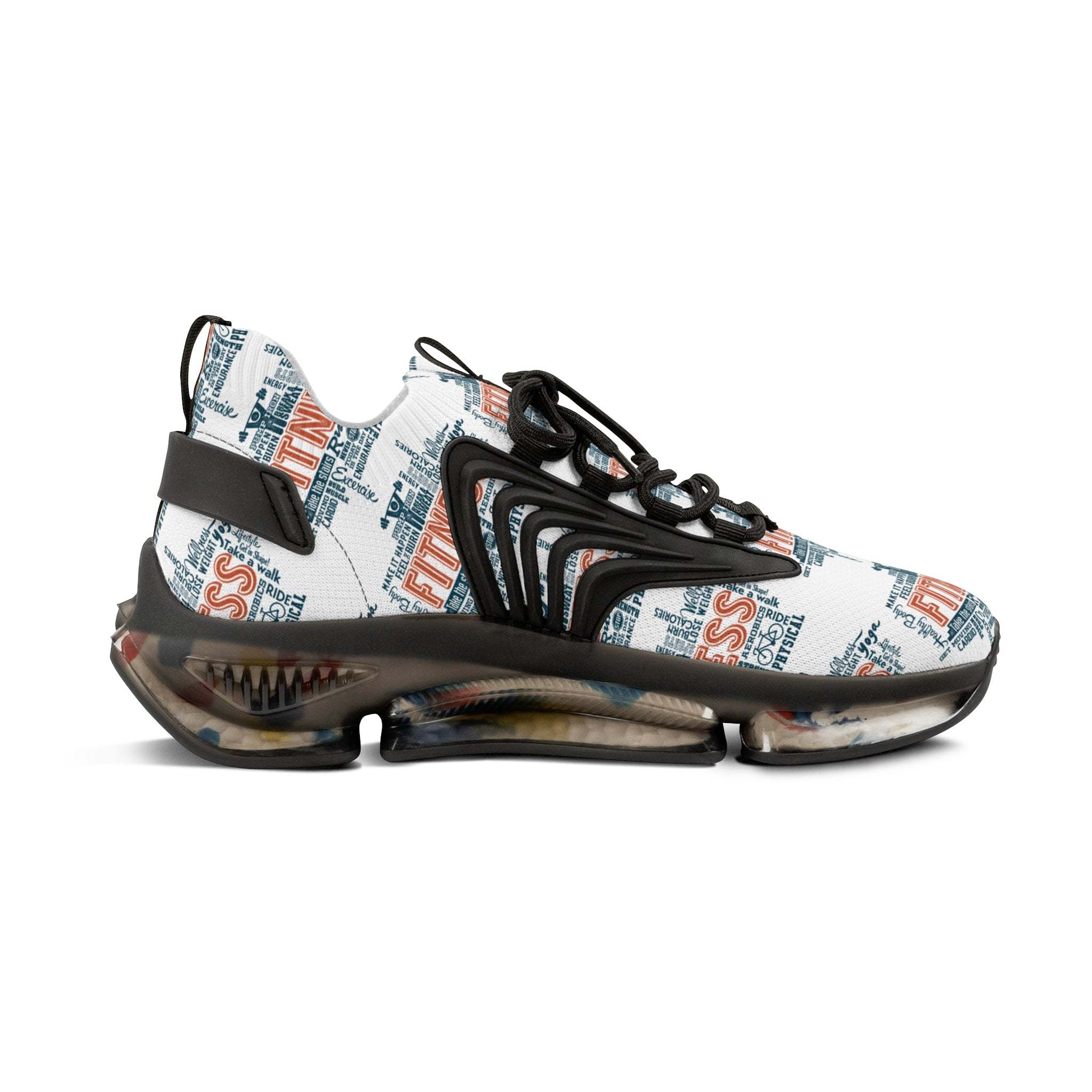White mesh sneakers with multicolor graphic print, lightweight EVA sole, and lace-up design for men