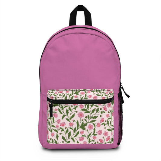 Pink floral backpack with front floral pattern pocket, black zipper, and adjustable straps for school or travel use