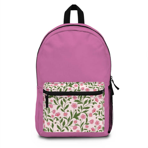 Pink floral backpack with front floral pattern pocket, black zipper, and adjustable straps for school or travel use