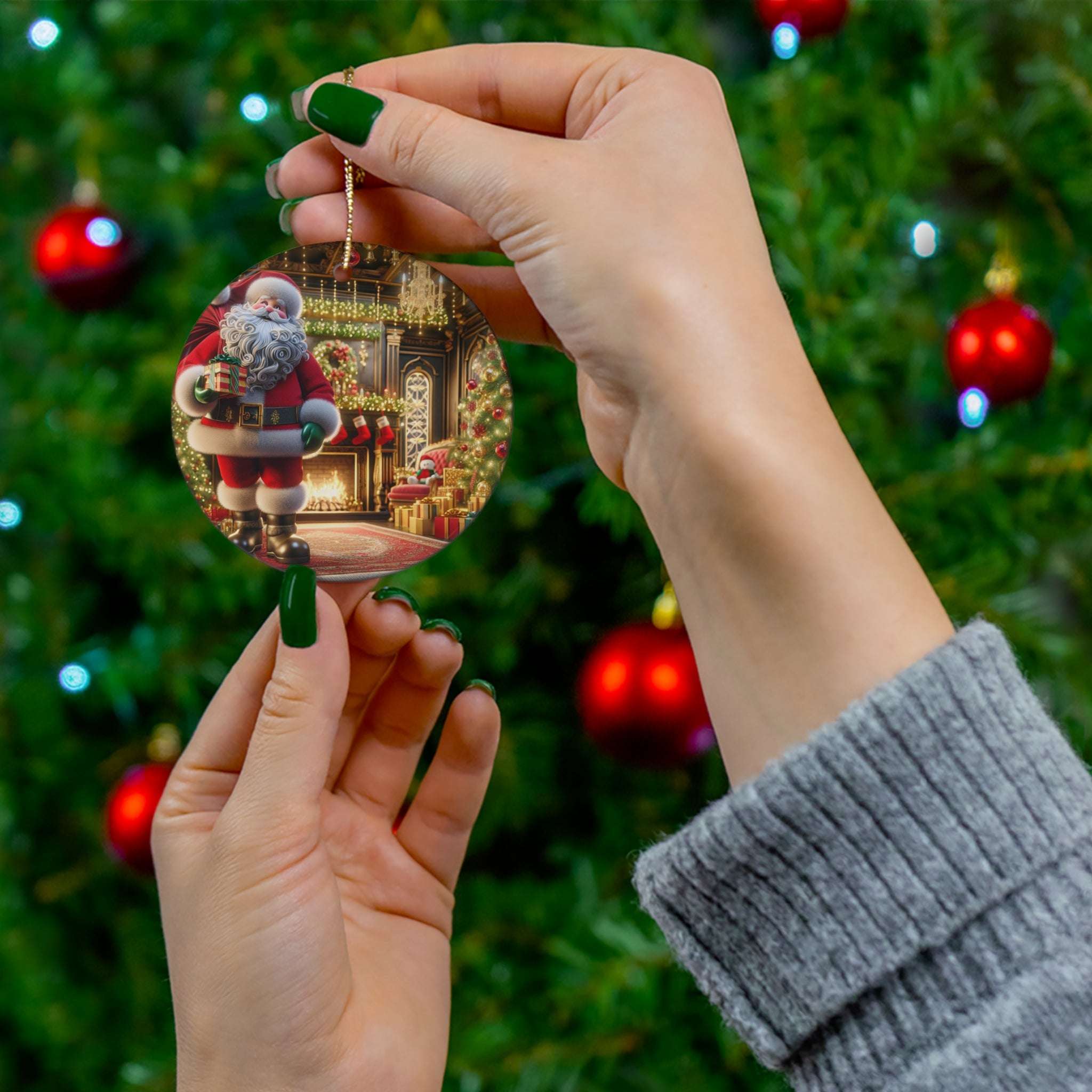 Christmas Ceramic OrnamentLeanne Roberts DesignsChristmas Ceramic Ornament with Santa making a DeliveryGet ready to add a splash of festivity to your holiday decorations with this bold Christmas ceramic ornament! Santa making a delivery comes to life with vibrant colo