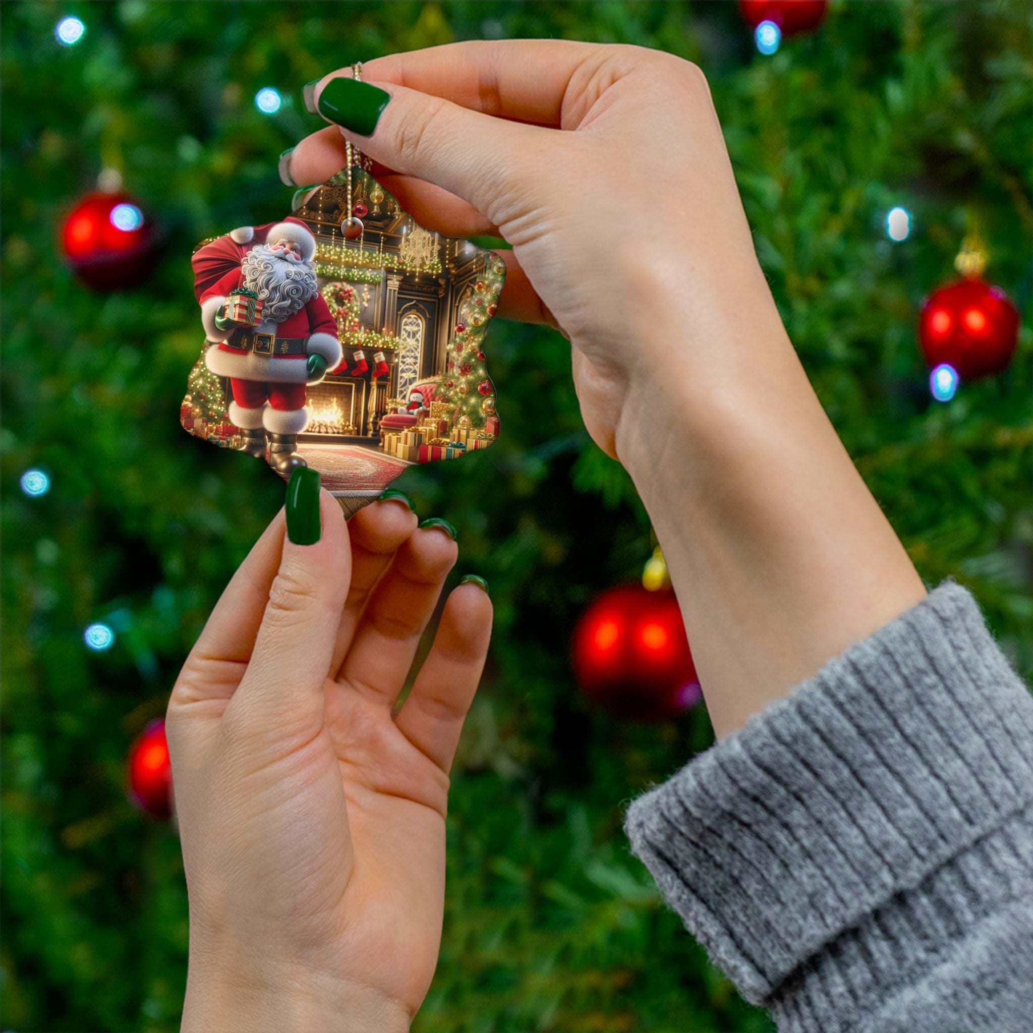 Christmas Ceramic OrnamentLeanne Roberts DesignsChristmas Ceramic Ornament with Santa making a DeliveryGet ready to add a splash of festivity to your holiday decorations with this bold Christmas ceramic ornament! Santa making a delivery comes to life with vibrant colo