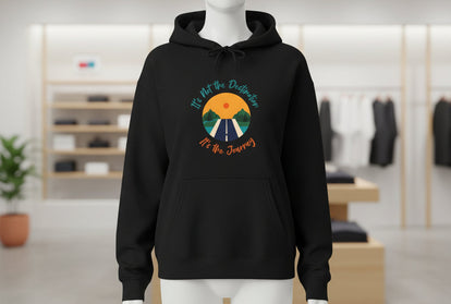 Black Inspirational Journey Hoodie with colorful sunset and road graphic and motivational text 
