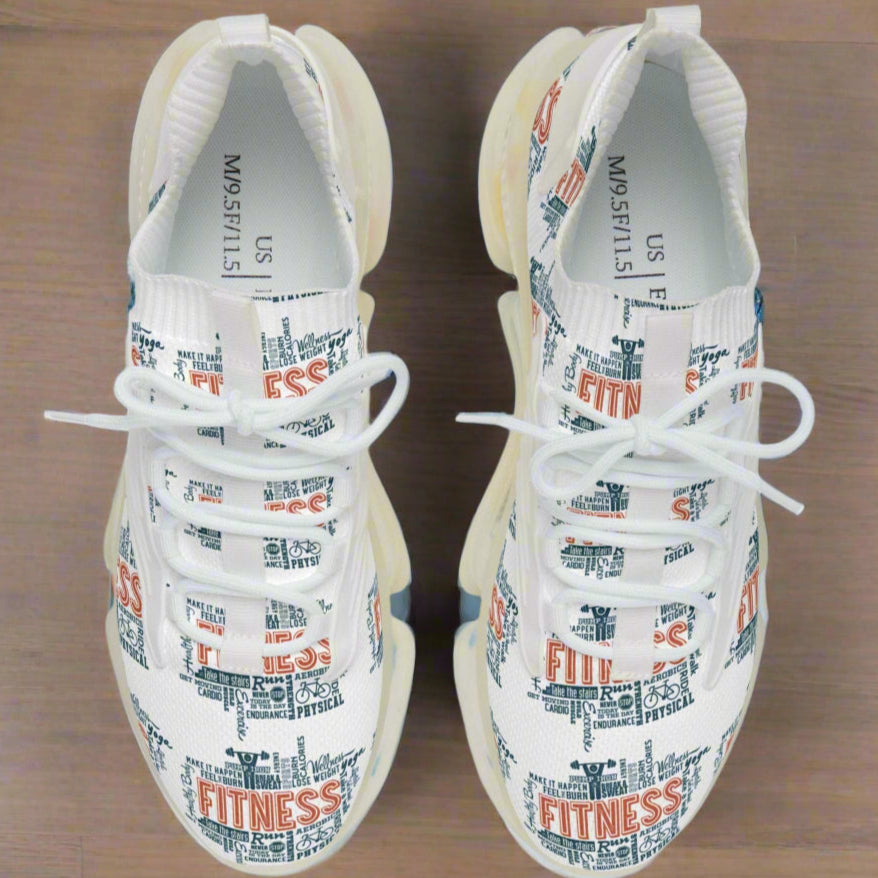 White mesh sneakers with multicolor graphic print, lightweight EVA sole, and lace-up design for men