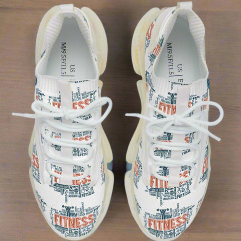 White mesh sneakers with multicolor graphic print, lightweight EVA sole, and lace-up design for men