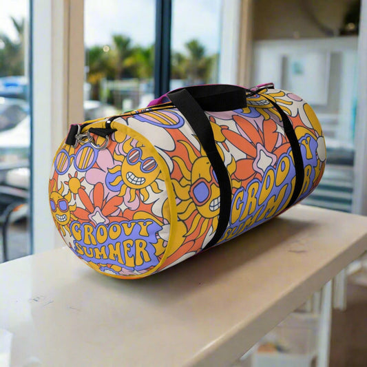 Colorful custom-printed duffel bag with "Groovy Summer" design, lightweight and durable for gym or travel use
