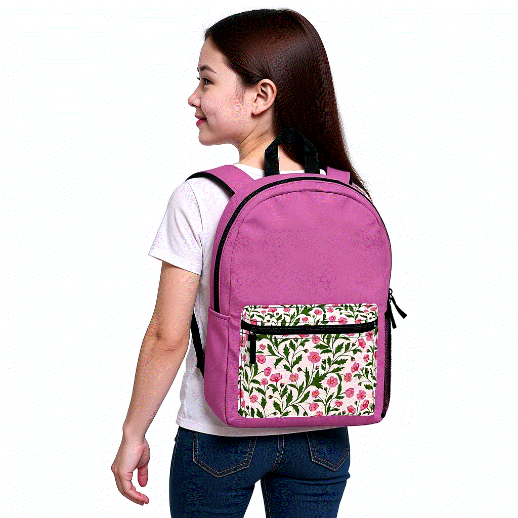 Young woman wearing stylish pink floral backpack with front pocket and adjustable straps