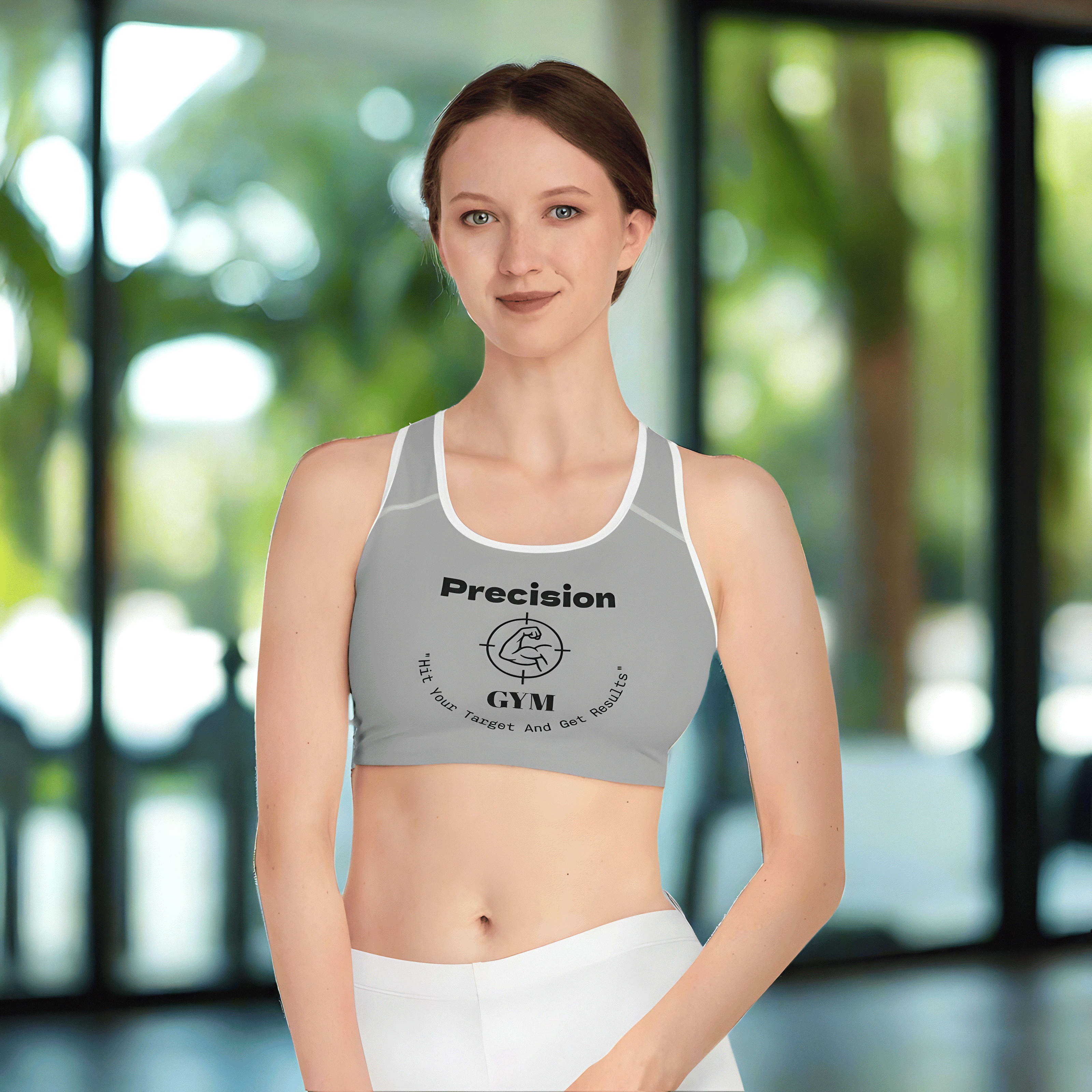 woman wearing gray Precision Gym Sports Bra with black logo in bright gym environment