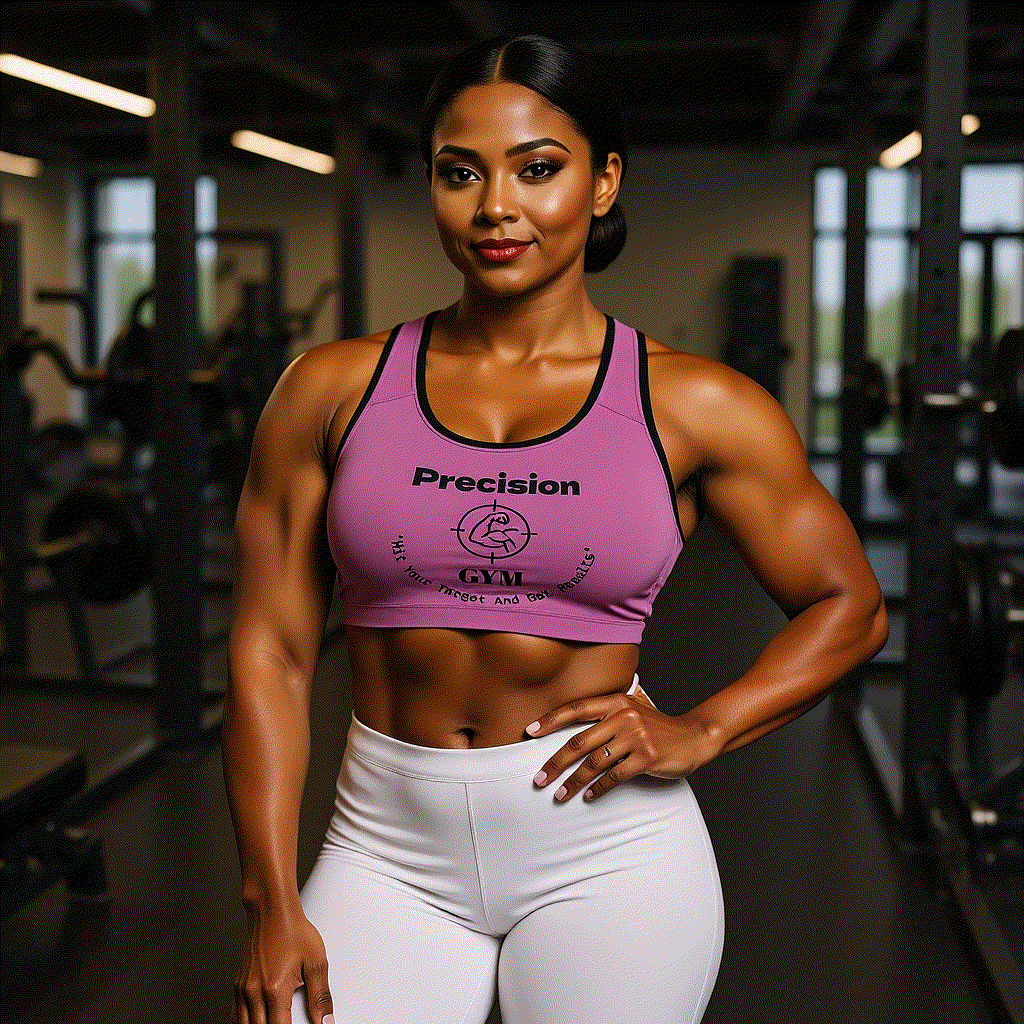Woman wearing a purple Precision Gym Sports Bra and white leggings in gym workout setting