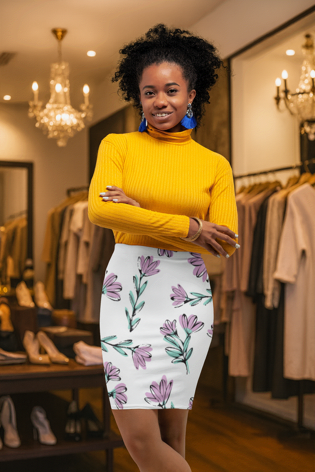 woman wearing floral mid-waist pencil skirt with purple flowers and green leaves in elegant office setting